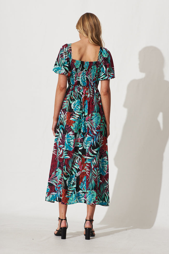 Mel Maxi Dress In Black Multi Tropical Floral Print - back