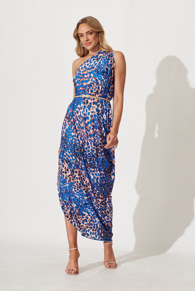 Goddess One Shoulder Maxi Dress In Blue With Rust Multi Print - full length