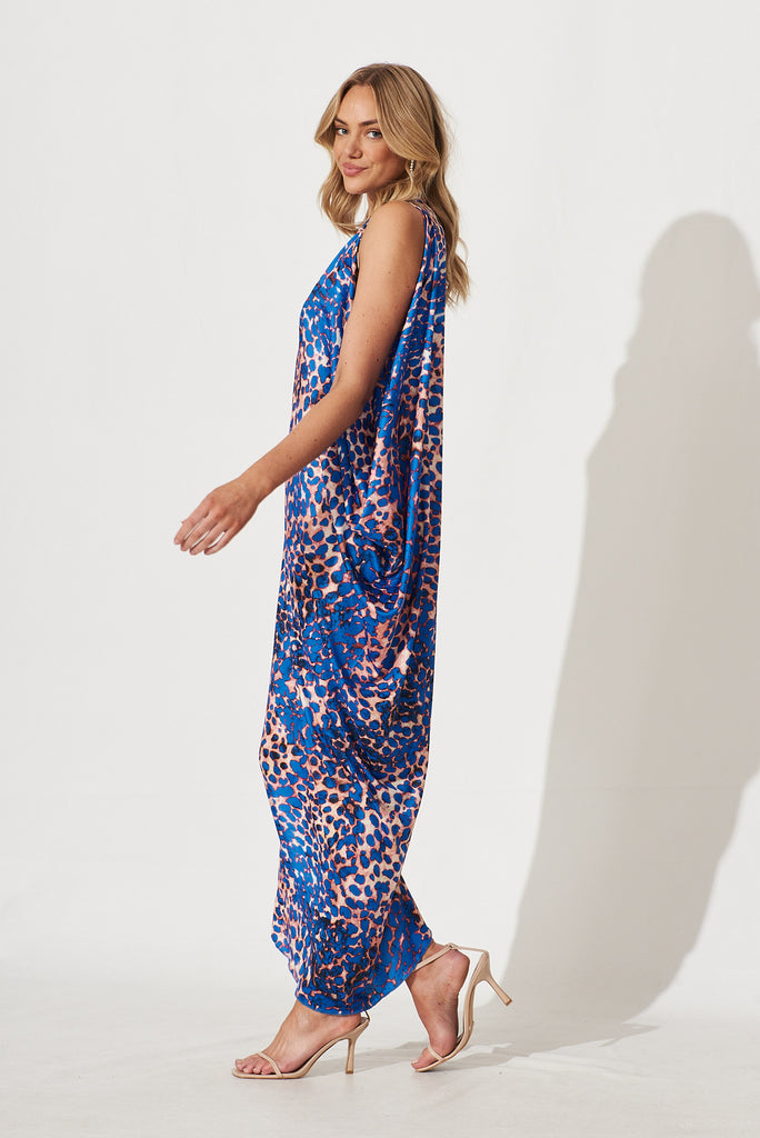 Goddess One Shoulder Maxi Dress In Blue With Rust Multi Print - left side