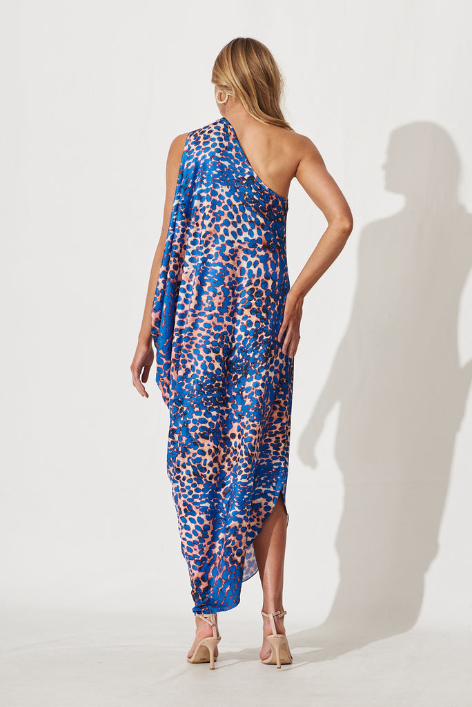 Goddess One Shoulder Maxi Dress In Blue With Rust Multi Print - back