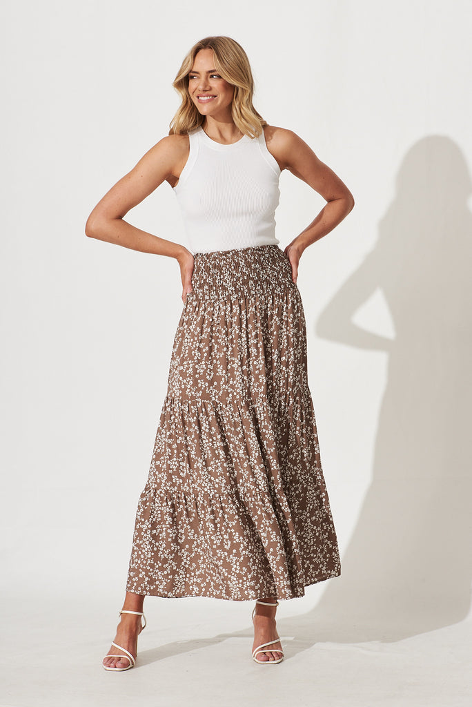 Macarena Maxi Skirt In Mocha With White Floral Skirt - full length
