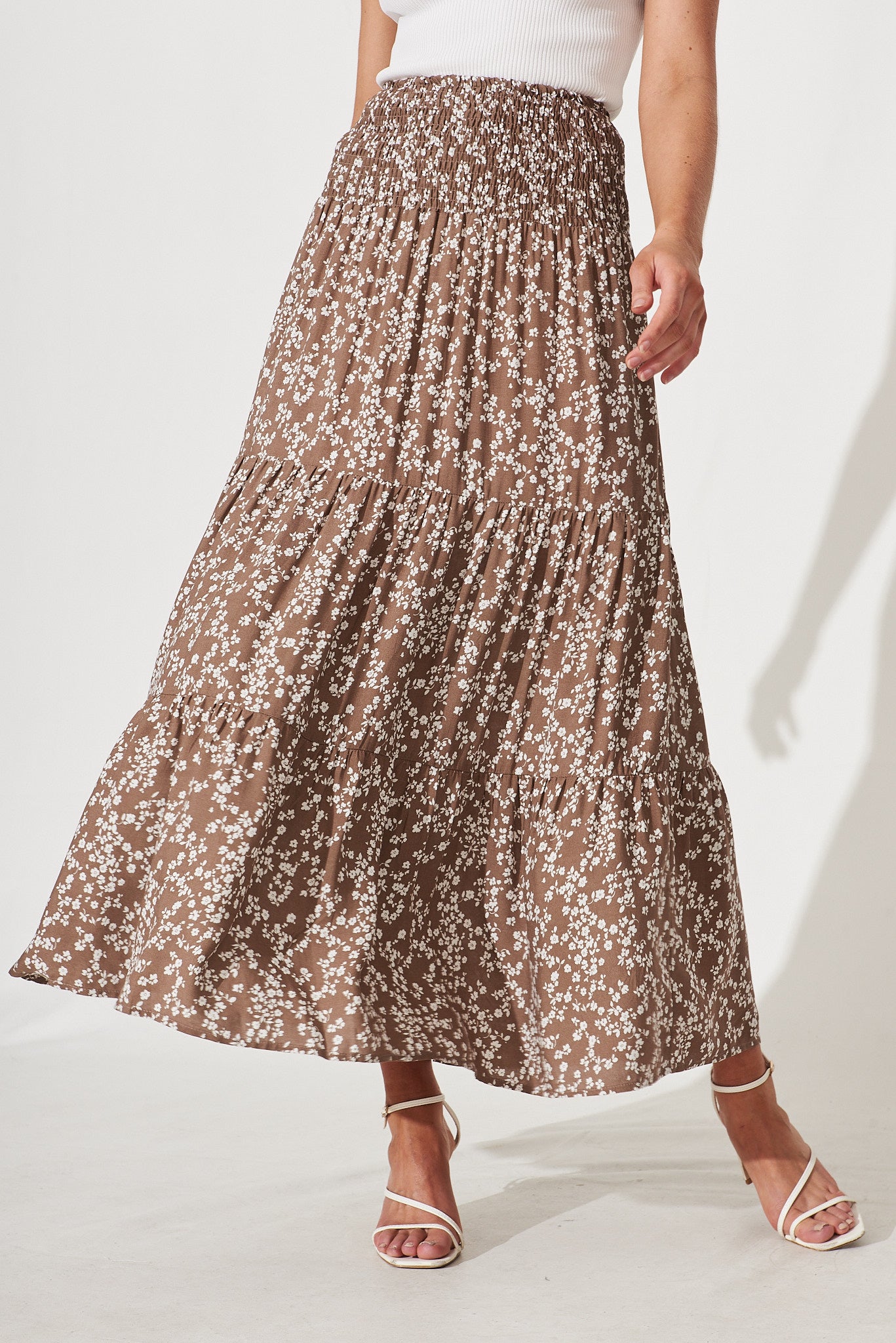 Macarena Maxi Skirt In Mocha With White Floral Skirt - front