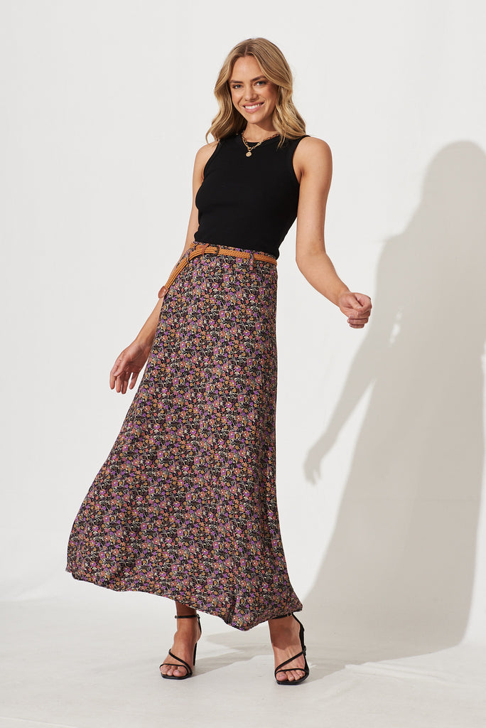 Josephine Maxi Skirt With Belt In Black Multi Floral - full length