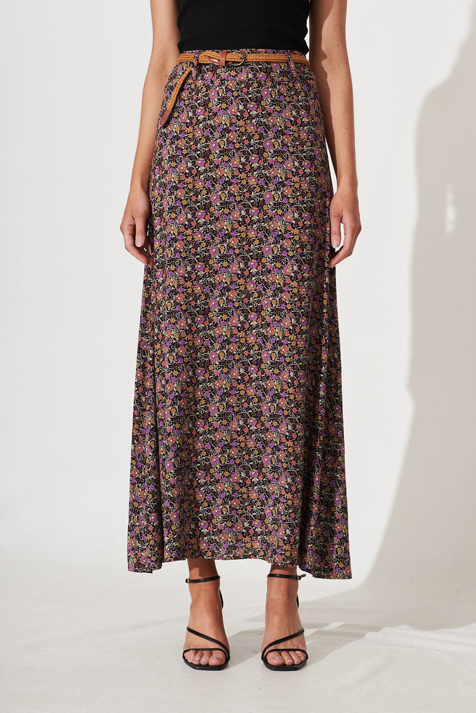Josephine Maxi Skirt With Belt In Black Multi Floral - front