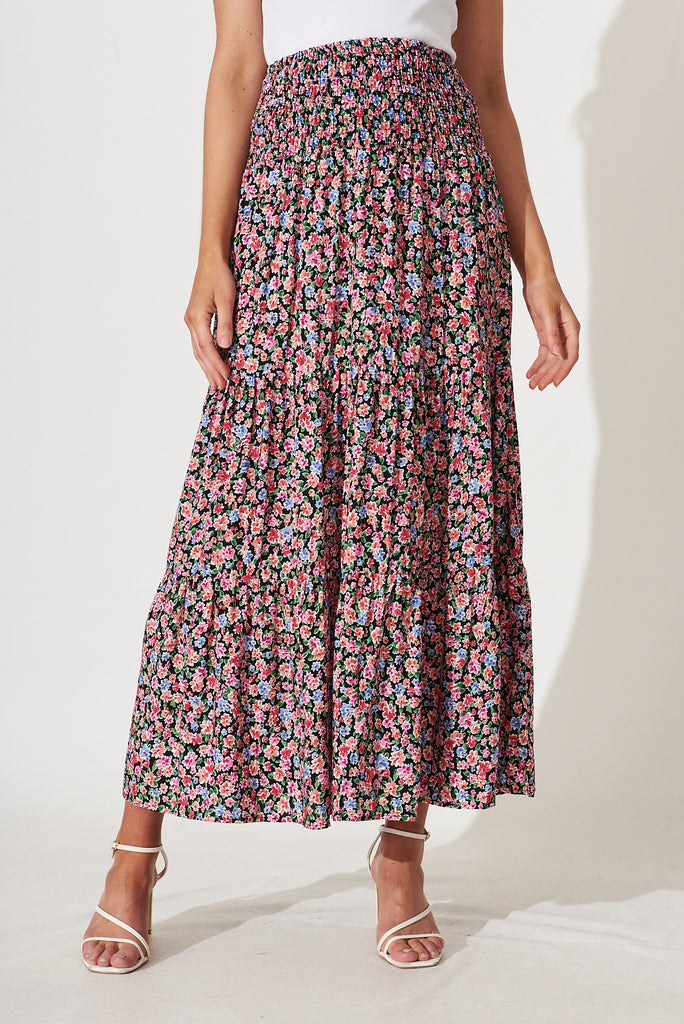 Macarena Maxi Skirt In Black With Multi Floral - front