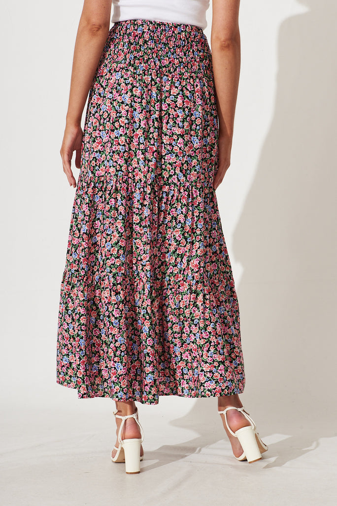 Macarena Maxi Skirt In Black With Multi Floral - back