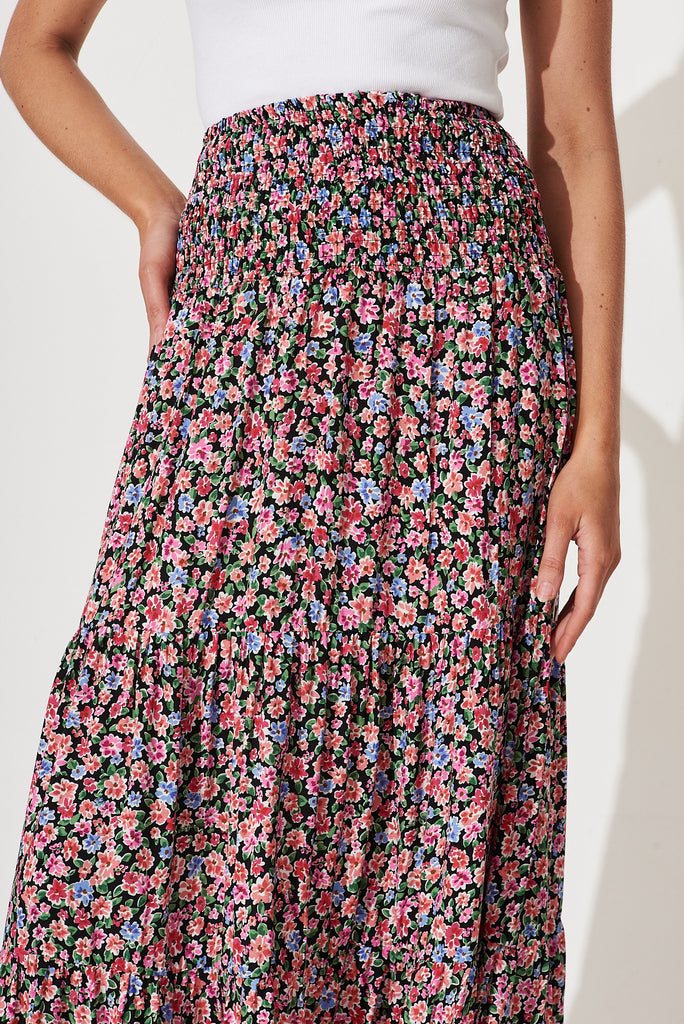 Macarena Maxi Skirt In Black With Multi Floral - detail