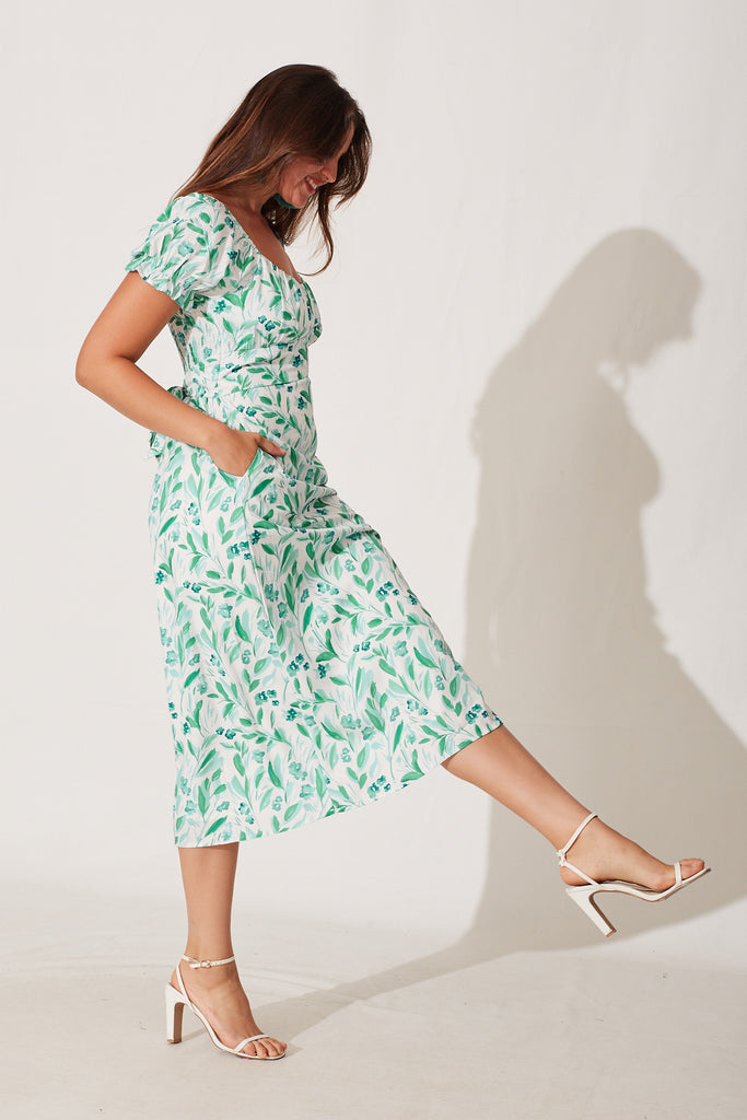Hilary Midi Dress In White With Green Floral Print - side