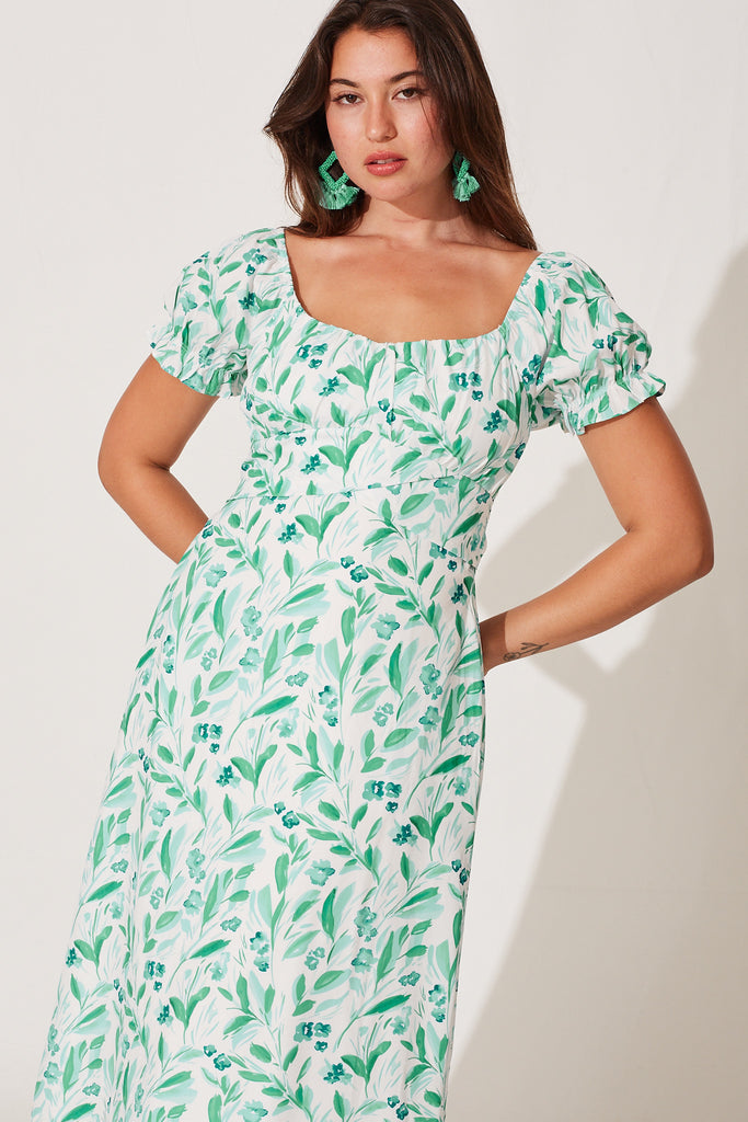 Hilary Midi Dress In White With Green Floral Print - front