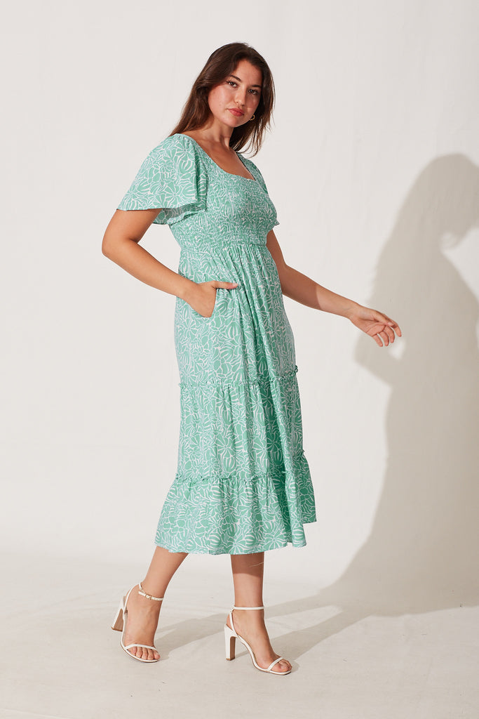 Elixir Midi Dress In Aqua And White Floral Print - side