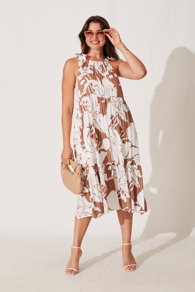 Tesni Midi Sun Dress In White With Chocolate Floral Print - full length