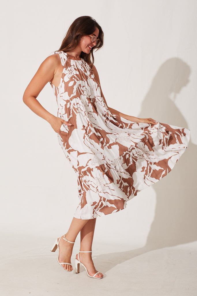 Tesni Midi Sun Dress In White With Chocolate Floral Print - side