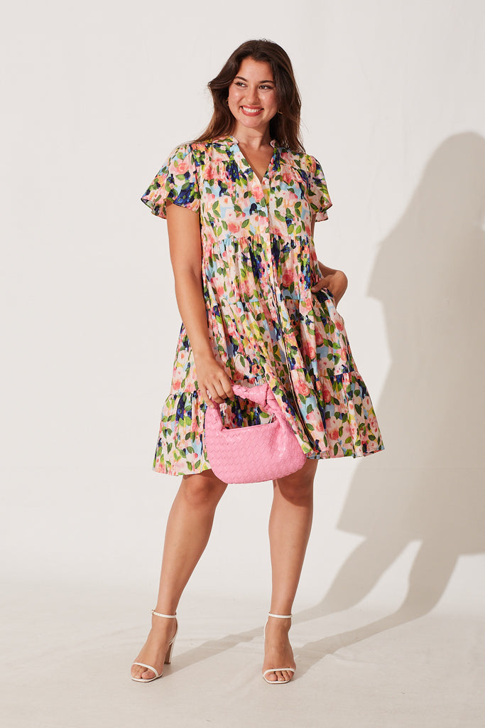 Saldana Smock Dress In Pink With Multi Watercolour Floral Cotton - full length