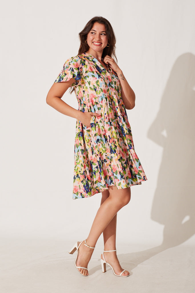 Saldana Smock Dress In Pink With Multi Watercolour Floral Cotton - side