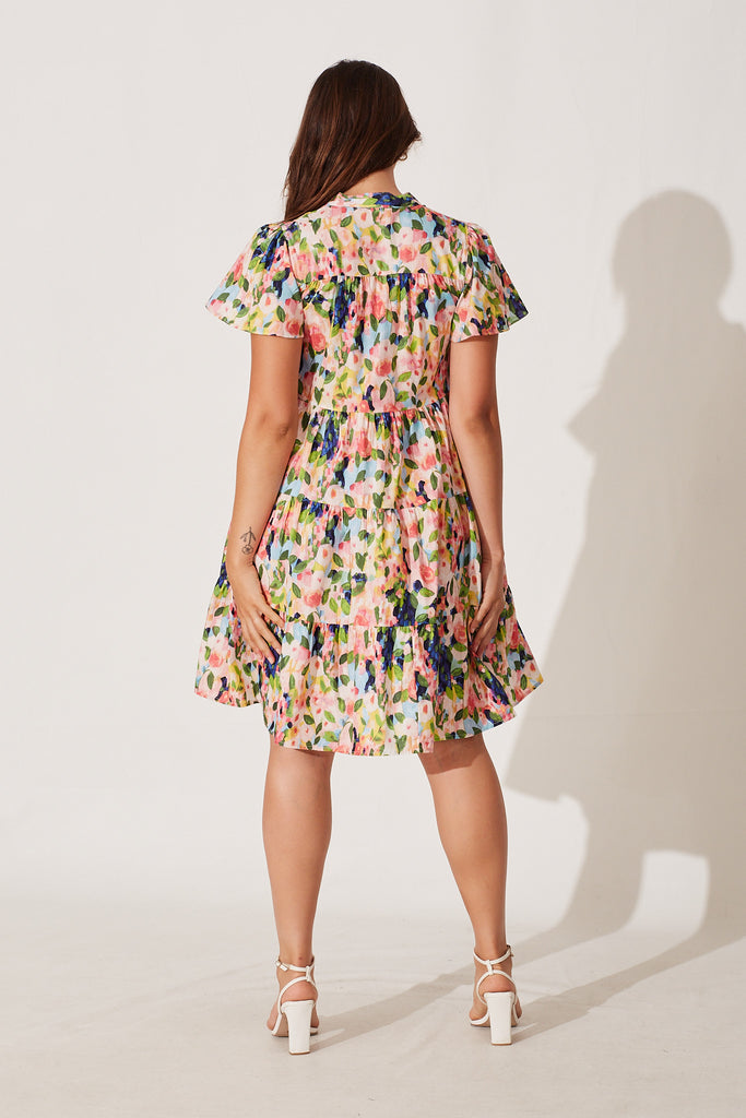 Saldana Smock Dress In Pink With Multi Watercolour Floral Cotton - back