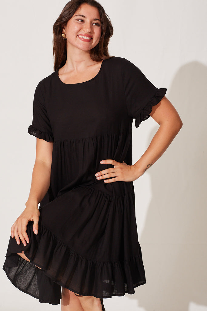 Dellina Smock Dress In Black Linen Blend - front