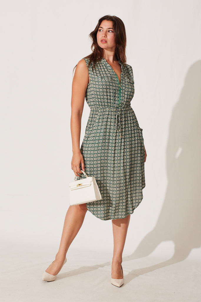 Shire Zip Dress In Green With Multi Tiles Print - full length
