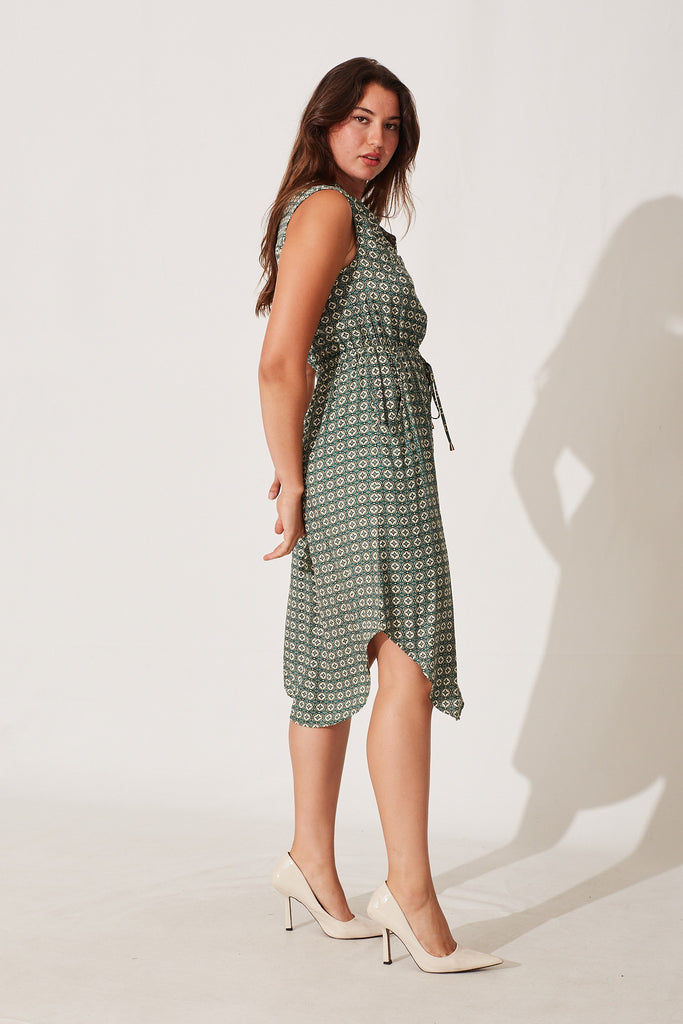 Shire Zip Dress In Green With Multi Tiles Print - side