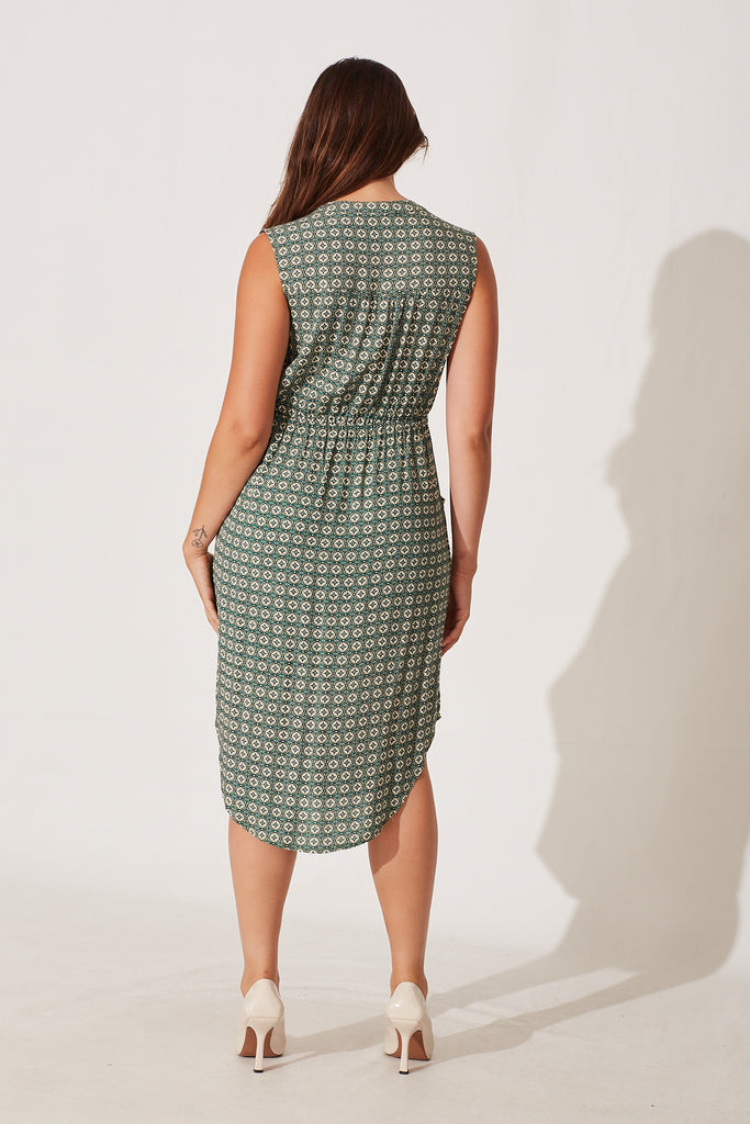 Shire Zip Dress In Green With Multi Tiles Print - back