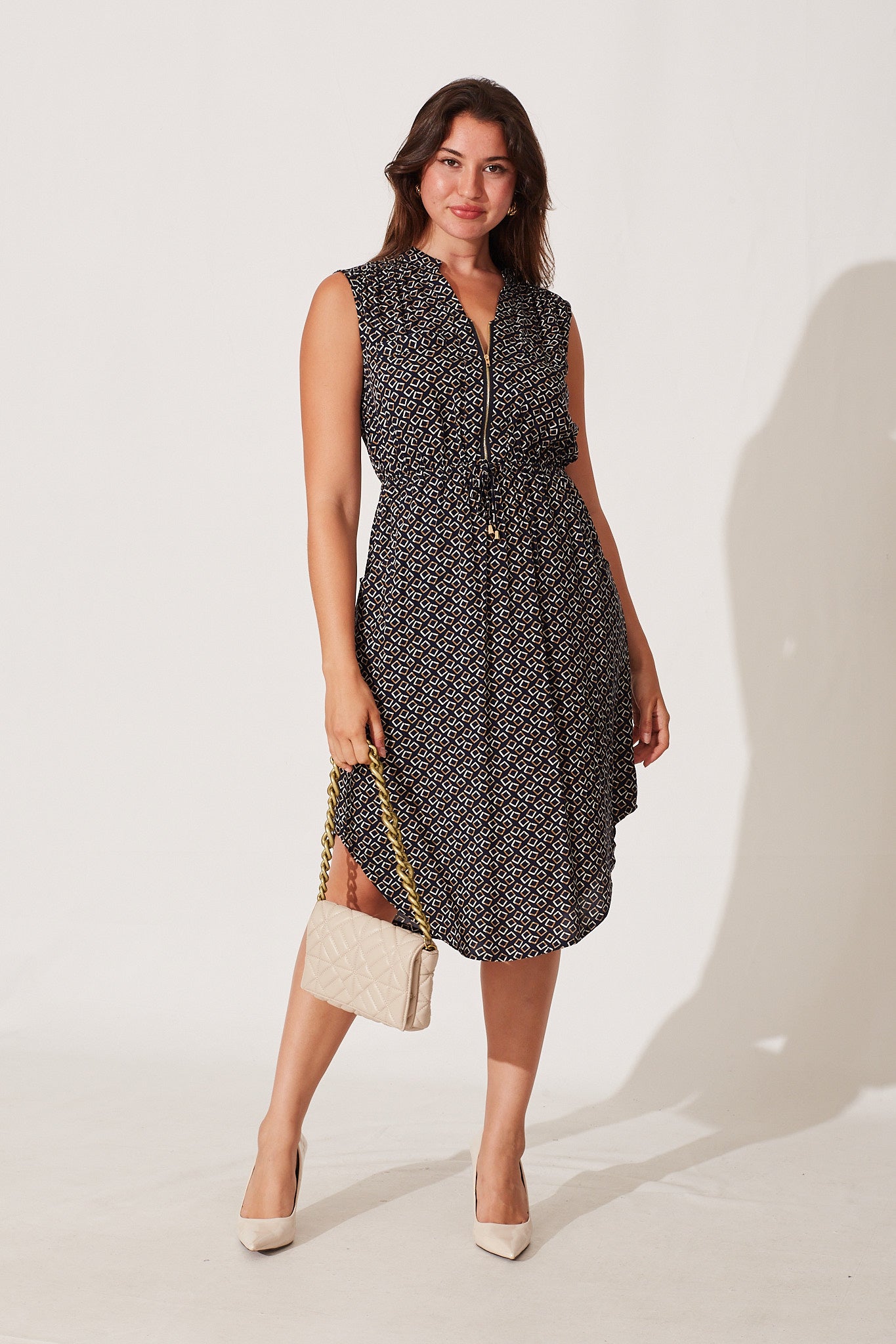 Shire Zip Dress In Navy With Multi Print - full length
