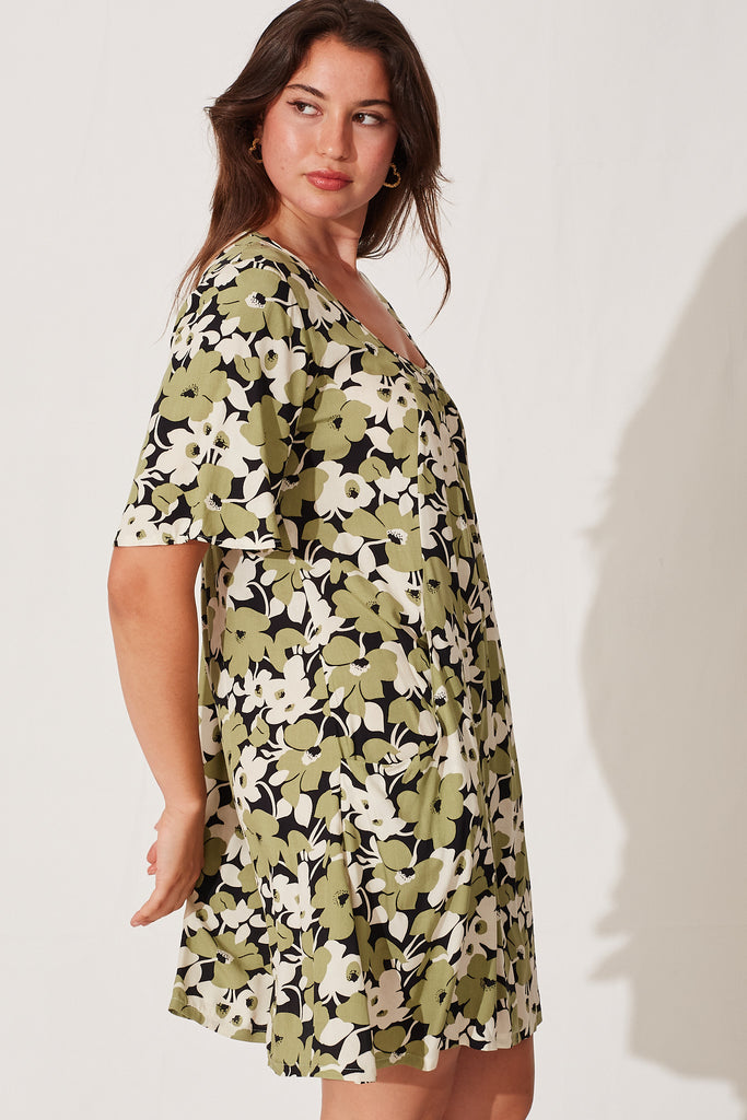 Audrina Smock Dress In Sage With White Floral - side