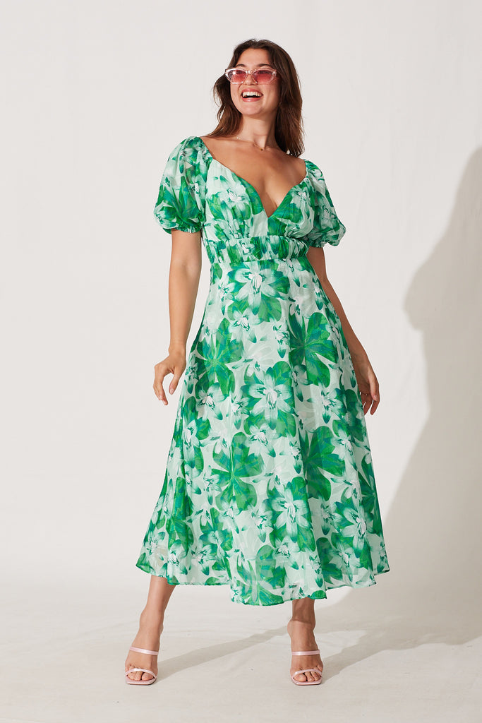Whitley Midi Dress In Green Floral Burnout Chiffon - full length