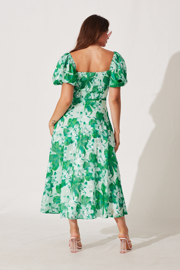 Whitley Midi Dress In Green Floral Burnout Chiffon - back