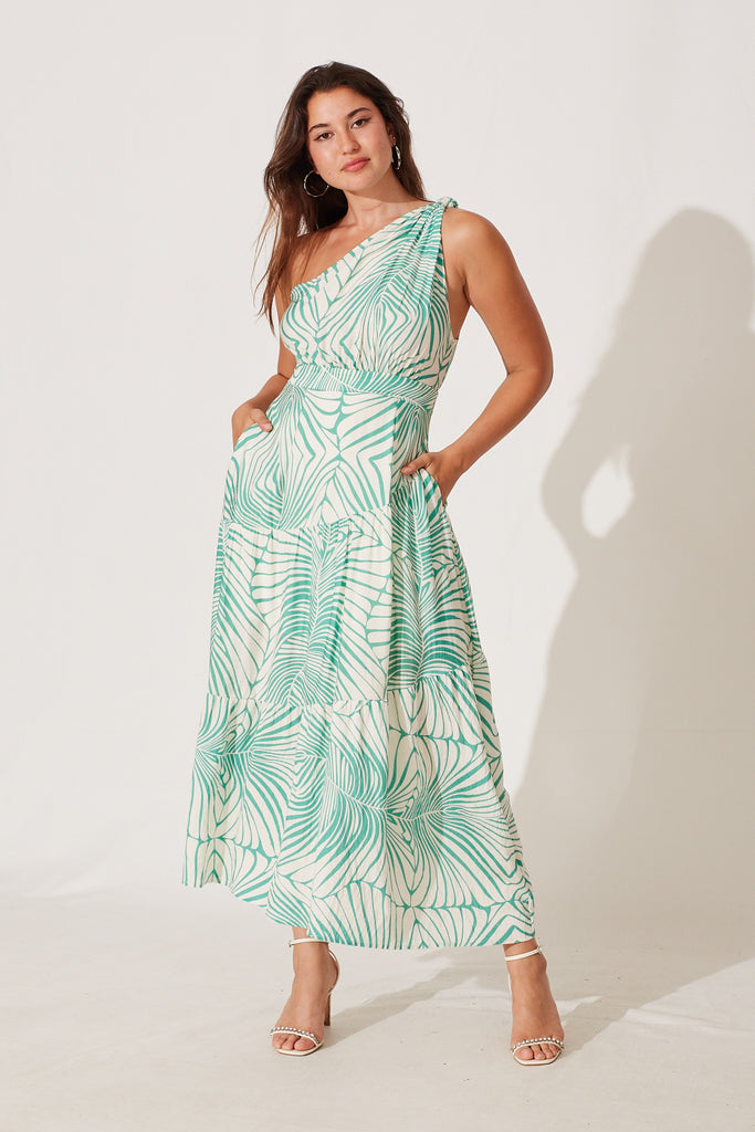Sakura Maxi Dress In Cream With Sea Green Palm Leaf Print Cotton Blend - full length