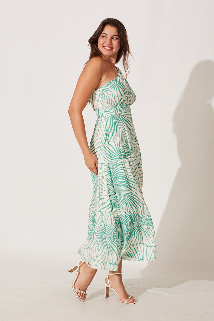 Sakura Maxi Dress In Cream With Sea Green Palm Leaf Print Cotton Blend - side