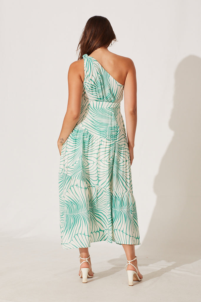 Sakura Maxi Dress In Cream With Sea Green Palm Leaf Print Cotton Blend - back