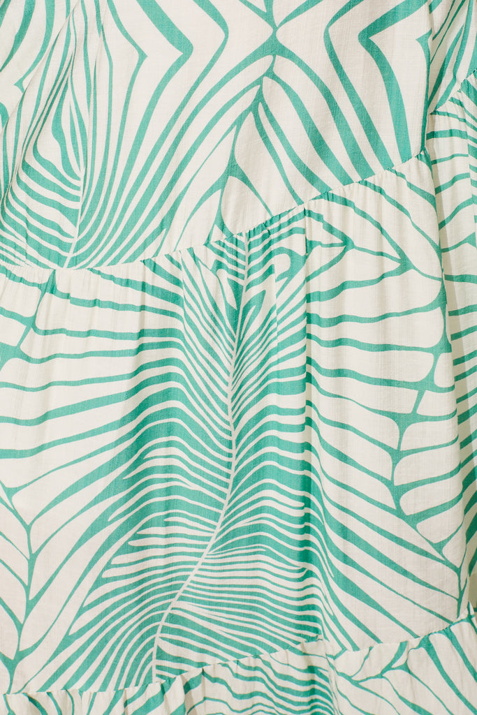 Sakura Maxi Dress In Cream With Sea Green Palm Leaf Print Cotton Blend - fabric