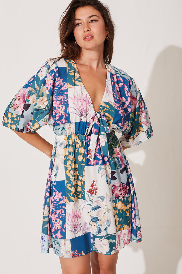 Ava Dress In Dark Green Patch Floral - front