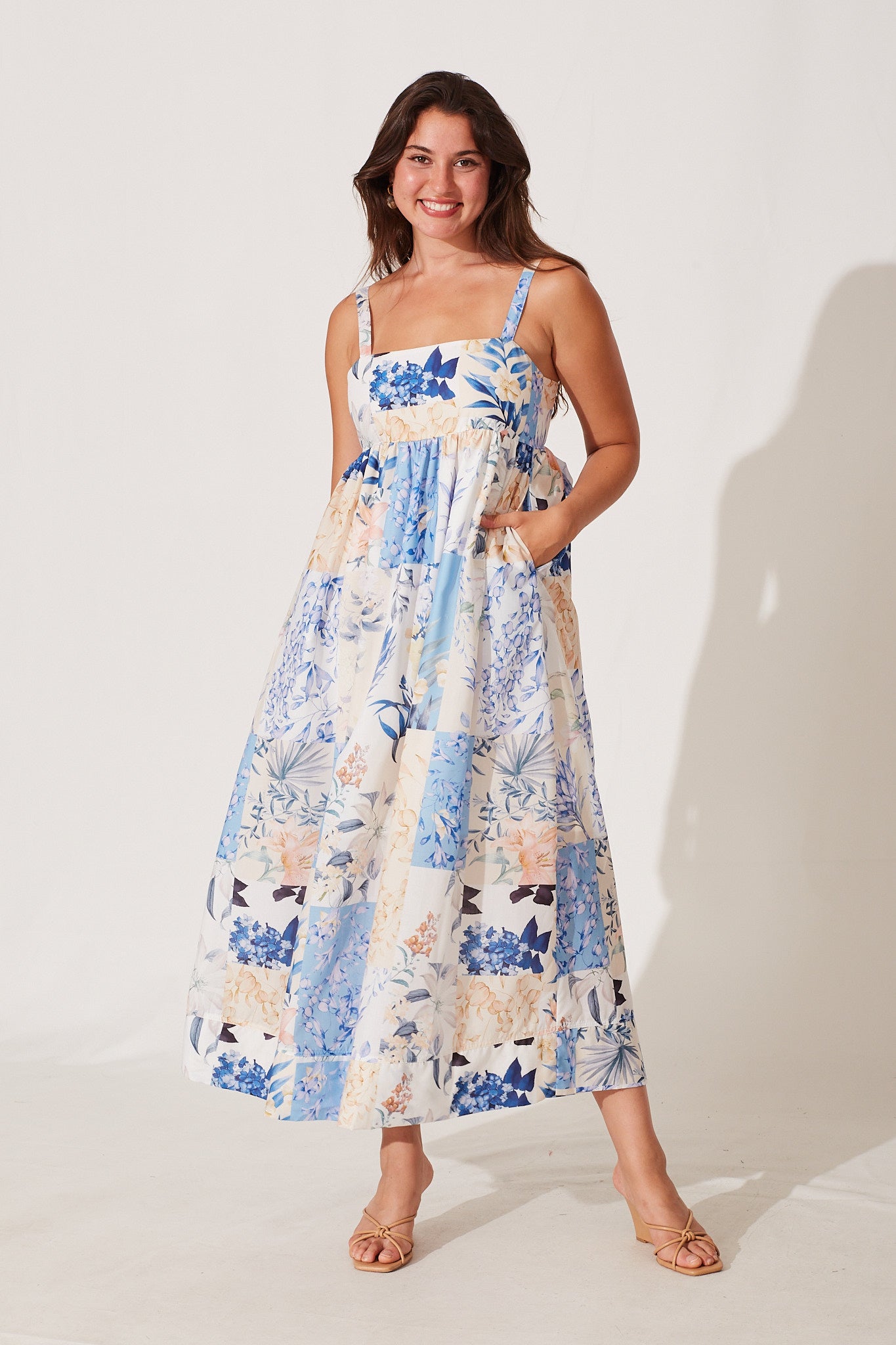 Angelica Midi Sundress In Blue With Cream Patchwork Floral Print - full length