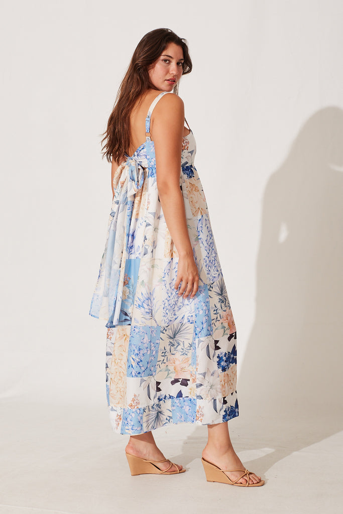Angelica Midi Sundress In Blue With Cream Patchwork Floral Print - side