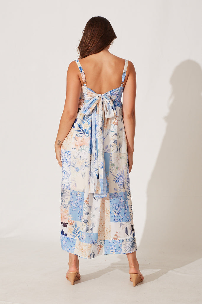 Angelica Midi Sundress In Blue With Cream Patchwork Floral Print - back