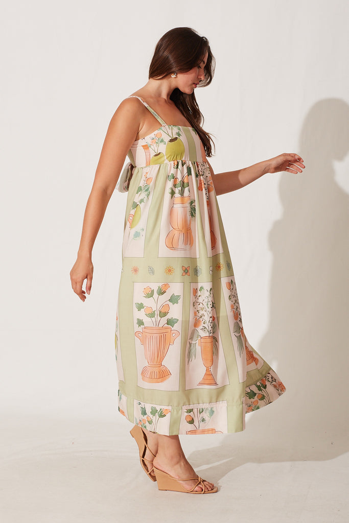 Angelica Midi Sundress In Cream With Green Print - side
