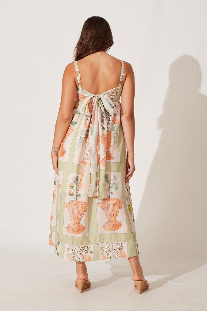 Angelica Midi Sundress In Cream With Green Print - back