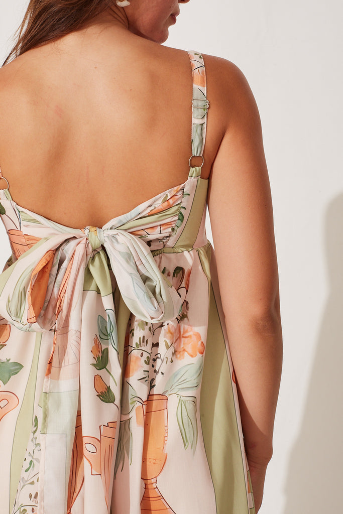Angelica Midi Sundress In Cream With Green Print - detail