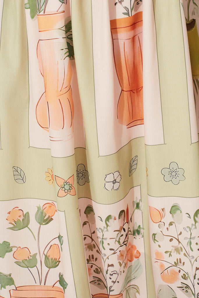 Angelica Midi Sundress In Cream With Green Print - fabric