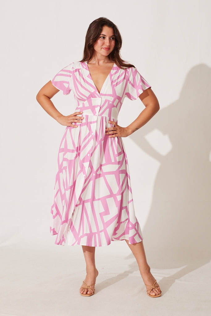 Anthea Midi Dress In White With Pink Geo Print - full length