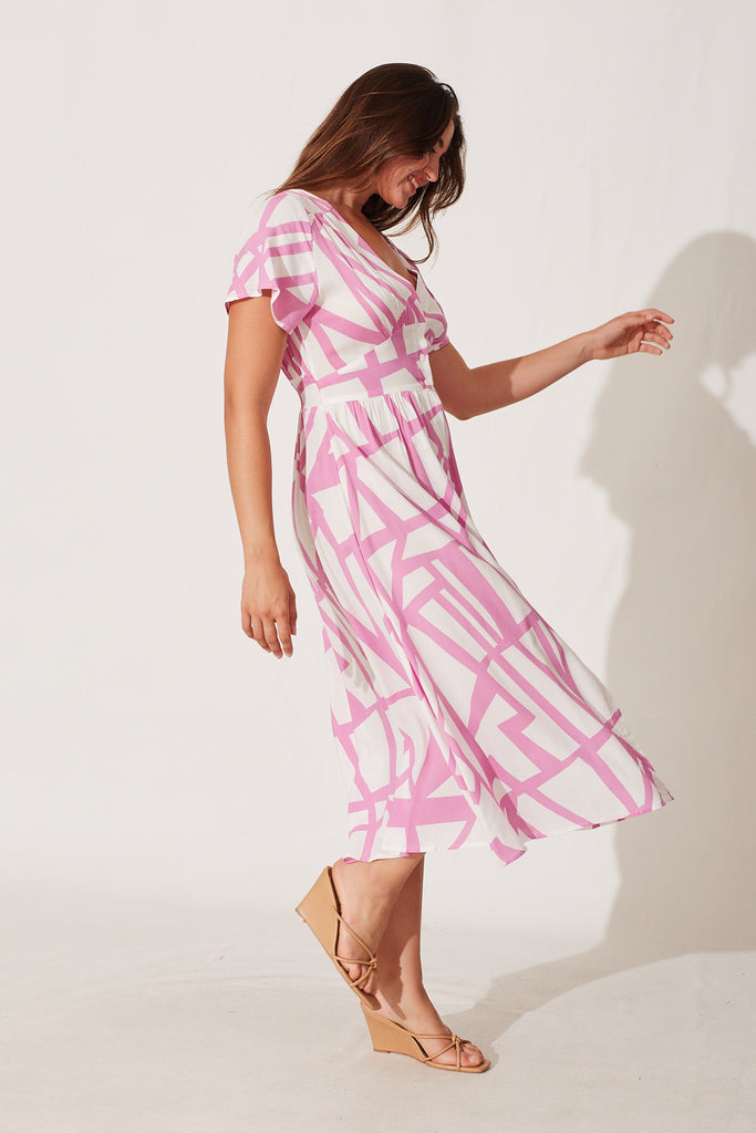 Anthea Midi Dress In White With Pink Geo Print - side