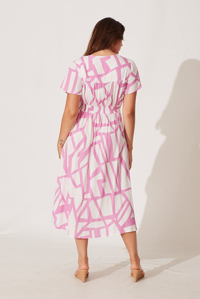 Anthea Midi Dress In White With Pink Geo Print - back