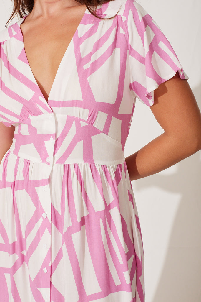 Anthea Midi Dress In White With Pink Geo Print - detail