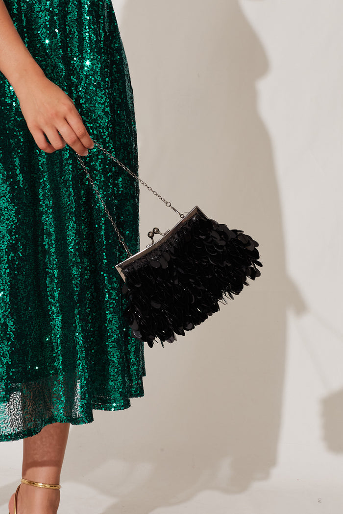 August + Delilah Leah Clutch Bag In Black Sequin - front