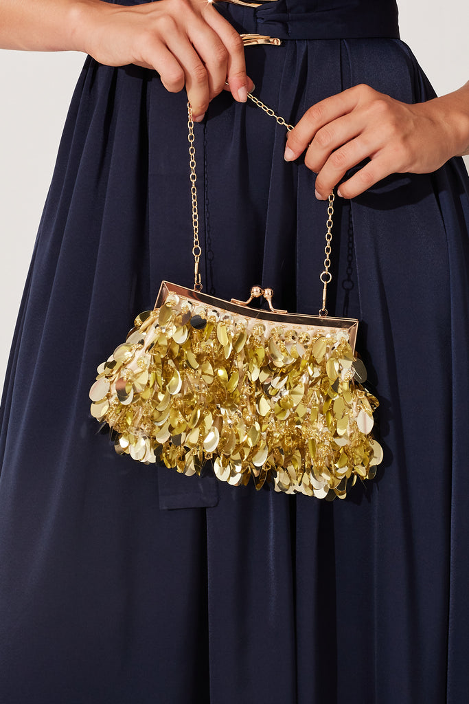 August + Delilah Leah Clutch Bag In Gold Sequin - front