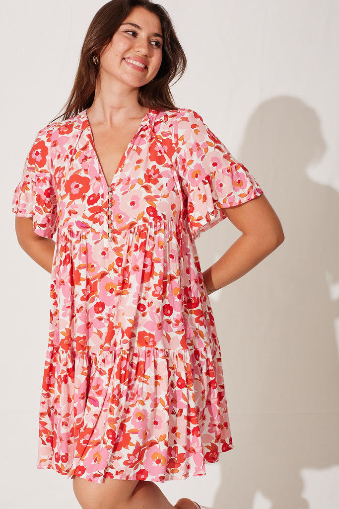 Tahnee Smock Dress In Pink Red Floral - front