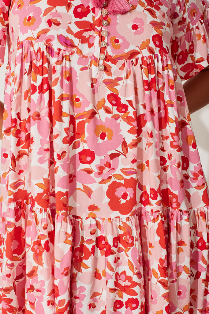 Tahnee Smock Dress In Pink Red Floral - fabric