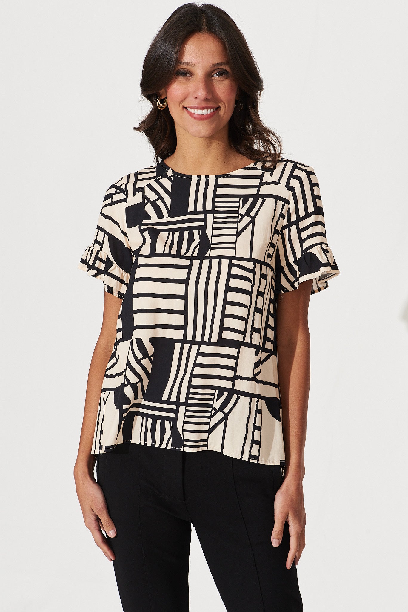 Elle Top In Cream And Black Geometric Print - front