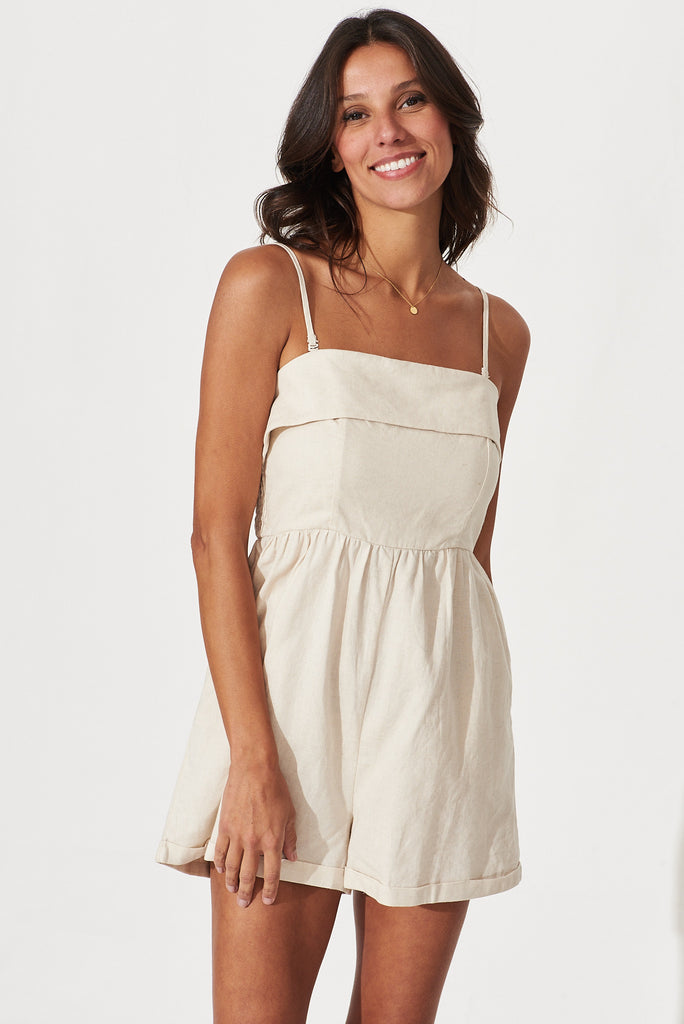 Dream On Playsuit In Oatmeal Linen Cotton Blend - front