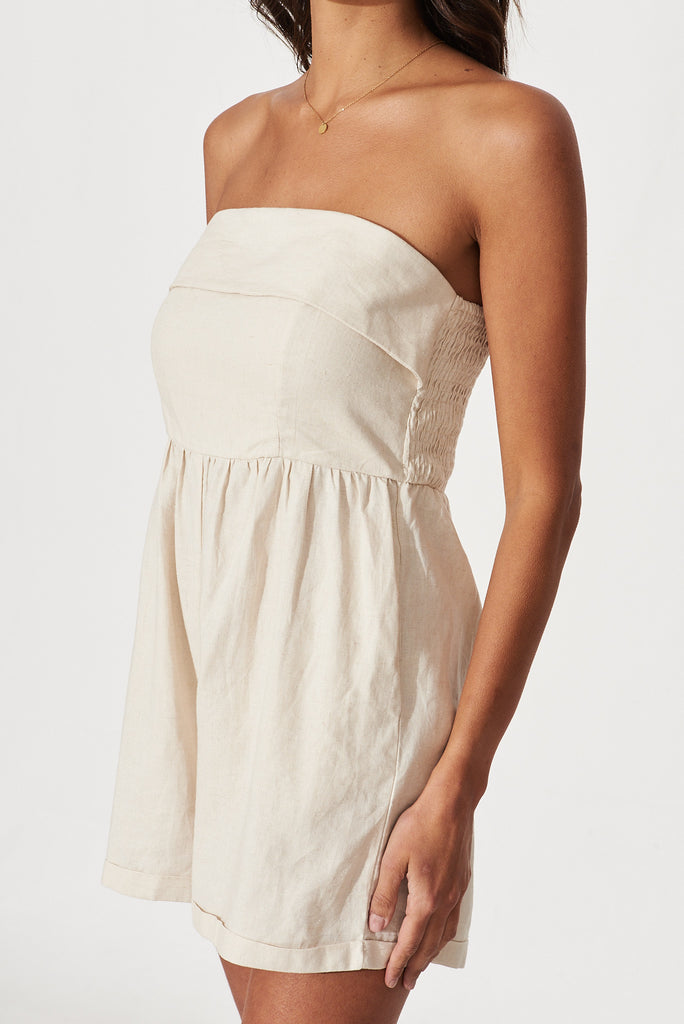 Dream On Playsuit In Oatmeal Linen Cotton Blend - detail